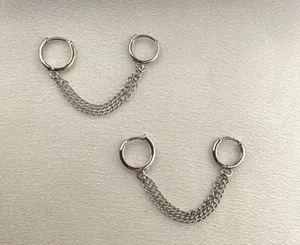 Double Piercing Dangle Chain Earrings for Women Silver thumbnail 1