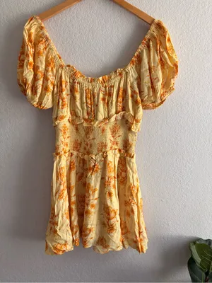 Sabo Skirt Milota Dress Size M Yellow Floral Puff Sleeves Mini Boho Summer thumbnail 10