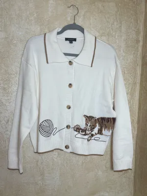 Anthropologie Calligraphie Novelty Knit Cat Sweater Cardigan Grandma Cream L thumbnail 2