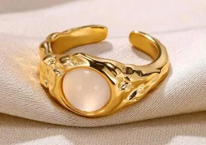 Cat Eye Stone Ring for Women 18K Gold Color Stainless Steel Round Adjustable 7-9 thumbnail 2