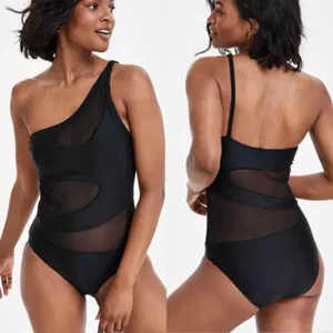 Bar III Women's One-Shoulder Mesh Cutout Swimsuit Black Size XL thumbnail 7