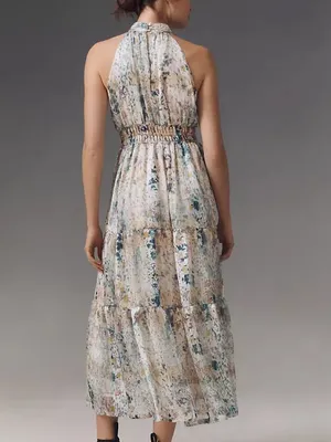 Anthropologie Somerset Halter Maxi Dress Smocked Waist Blue Floral Size Small thumbnail 2
