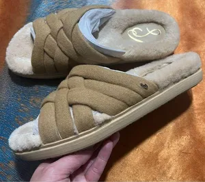 New Sam Edelman Vaughn Faux Fur Lined Sandal Slide size 8 Camel Twill Tan thumbnail 1