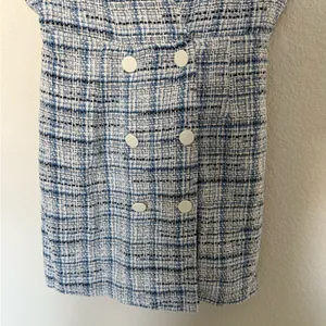 ZARA Blue and White Tweed Plaid Pinafore Mini Dress Medium Double Breasted thumbnail 10
