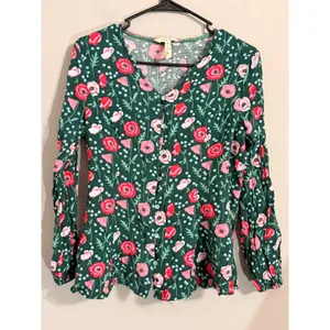 Matilda Jane Floral Poppy Button Up Top Womens Medium Green Long Sleeve Peplum thumbnail 2
