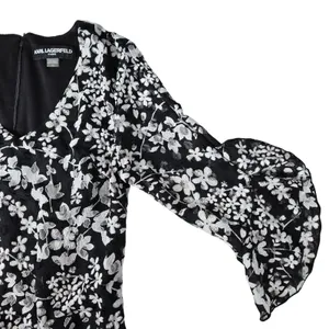 Karl Lagerfeld Paris Black White Floral Lace V Neck 3/4 Sleeve Carys Dress‎ 6 thumbnail 4