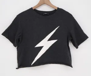 SHEIN Crop Top Womens S Lightning Bolt Charcoal Gray Raw Hem Excellent thumbnail 1