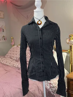 Y2K Office Siren Black Pinstripe Button-Down Women's Shirt thumbnail 8