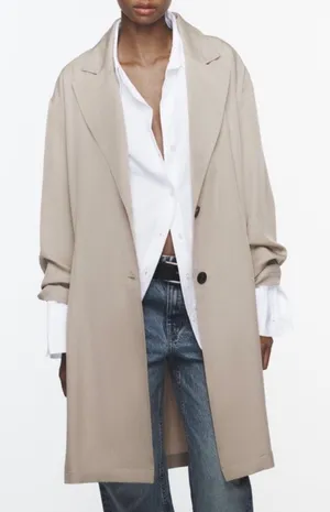 NWOT Zara Basic Soft Trench Flowy Coat in Beige Marl. Size medium thumbnail 1