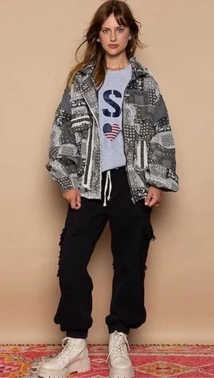 POL Black Multi Hooded Patchwork Jacket thumbnail 1
