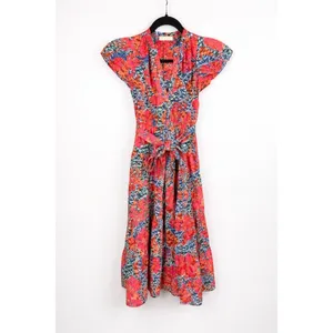 Ulla Johnson Ottilie Hypnotic Flamingo Cotton Midi Dress Puff Sleeve Coral Sz 0 thumbnail 2