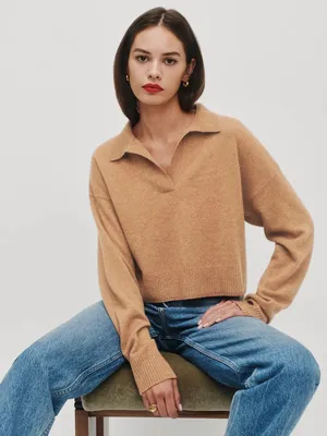 Reformation Cashmere V Neck Polo Sweater in Camel Size Small thumbnail 1