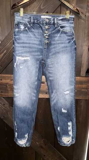 Kancan Women's Sz 7 27 Jeans Distressed Button Fly‎ High Rise Blue Raw Hem Denim thumbnail 1