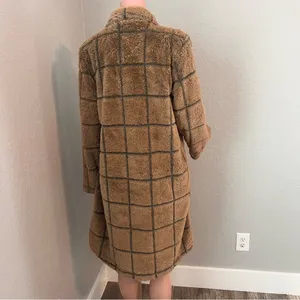 Fair Haven Plush Faux Fur Winter Sweater Coat Size Large Checkered plaid brown thumbnail 2