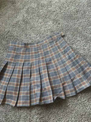 Pleated Gray & Tan Plaid Mini Skirt thumbnail 3