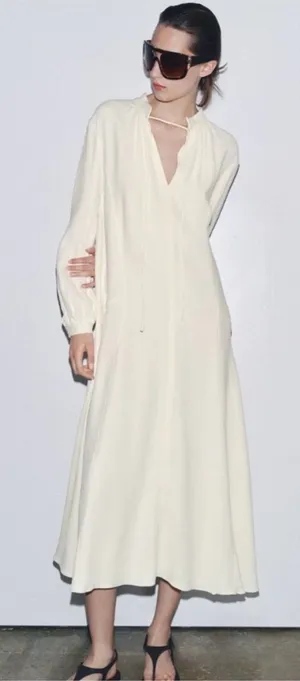 Zara ZW Collection Oyster White V-Neck Tie Front Long Sleeve Midi Dress Large thumbnail 1