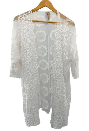 XCVI White Floral Lace Mesh Open Front Kimono Cardigan Embroidered Boho Coastal‎ thumbnail 1