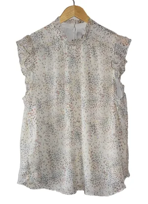 Loft Blouse Women XL White Multi Excellent Ruffle Mock Neck Sleeveless Speckle thumbnail 1