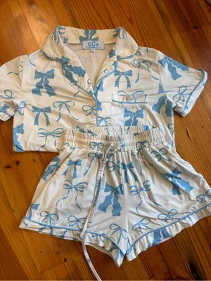 White and Blue Shorts Pajama Set with Bows Size XS thumbnail 1