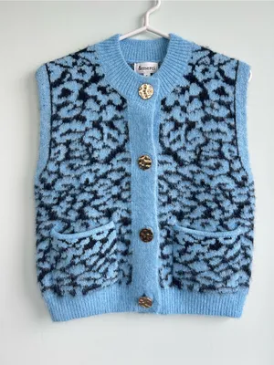 &merci Blue Patterned Fuzzy Knit Vest with Gold Buttons small thumbnail 1