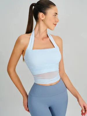 Berlook Activewear Light Blue Halter Neck Ruched Mesh Sports Bra thumbnail 3