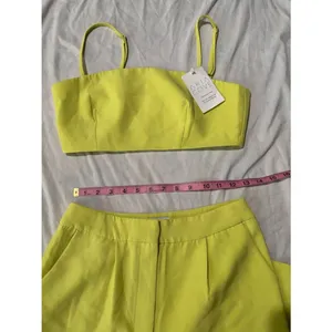 Aria Chartreuse Lime Two Piece Crop Top Wide Leg Pants Matching Set thumbnail 9