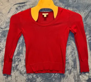 1803 | Ann Taylor LOFT Red Scoop Neck Cotton‎ Knit Pullover Sweater Women S thumbnail 1