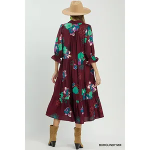 Umgee Floral Print Tiered Midi Dress with Puff Sleeves‎ - Burgundy - Small thumbnail 3