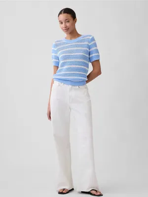 Gap blue/white crocheted knit 💯 cotton sweater. Size Medium. thumbnail 4