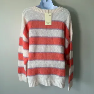 Striped Mohair Wool Blend Sweater Coral Cream‎ Oversize Coastal Airy L/XL NWT thumbnail 4