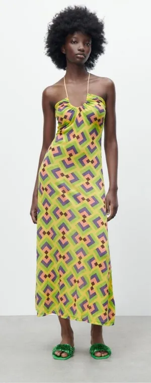 Zara Yellow Green Pink Geometric Slip Maxi Dress thumbnail 1