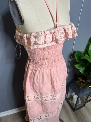 Boho Pink 100% Cotton Crochet Crochet Lace Smocked Halter Maxi Dress - Size S Pink Cotton Crochet Lace Inset Smocked Halter Maxi Dress Size Small thumbnail 1