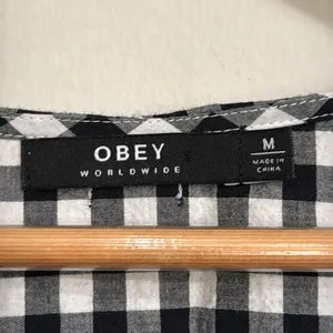 Obey Black/White Checkered Button Down Balloon Short Sleeve Crop Top Cotton sz M thumbnail 7