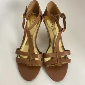 Lauren Ralph Lauren Wedge Sandals Women 10B T Strap Harleen Leather‎ Cork Heels thumbnail 4