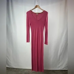 Bordeaux Ribbed V Neck Long Sleeve Lounge Dress with‎ Slit in Pink Size Medium thumbnail 4