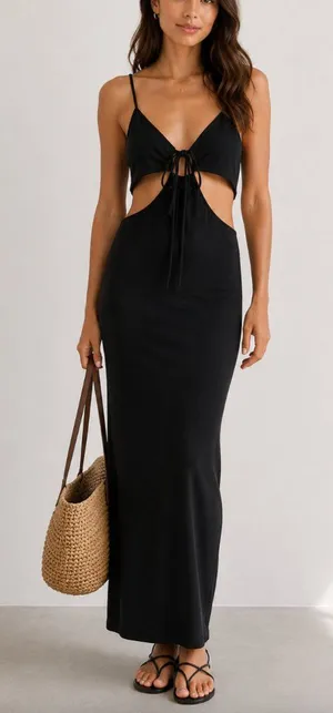 L*Space Black Ribbed Tie-Front Cutout Maxi Dress M thumbnail 1