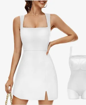 NEW White Slimers Square Neck Built in Shapewear Mini Shaper Tank Dress S thumbnail 1