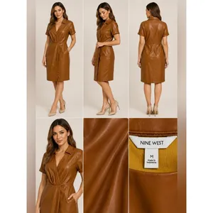 Nine West Dress Womens Size M Brown Faux Leather Wrap Short Sleeve Collar V Neck thumbnail 9