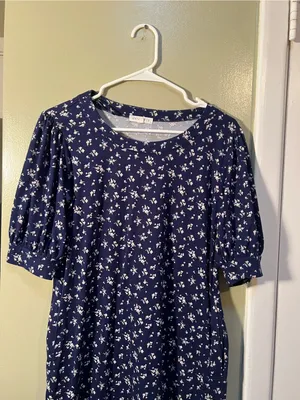 Socialite Womens Sz Small T-Shirt Dress Navy Blue White Floral Short Puff Sleeve thumbnail 3