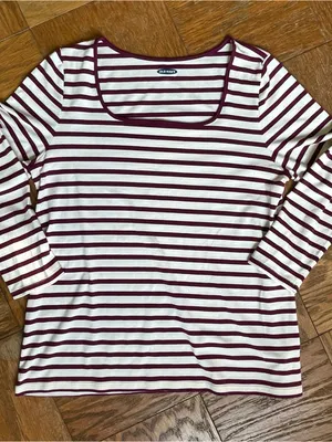 Old Navy Burgundy & White Striped Long Sleeve Top Women’s Size Large thumbnail 2