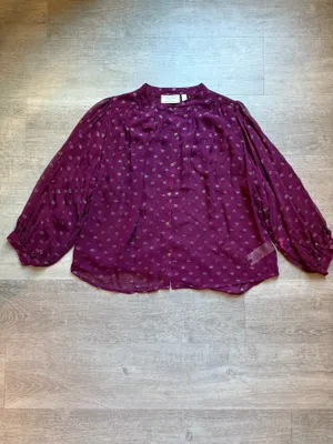 Moulinette Soeurs Anthropologie Allegra Gold Foil Printed Burgundy Blouse Size M thumbnail 3