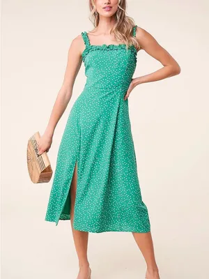 Sugarlips Emerald Green Polka Dot Ruffle Strap Midi Dress thumbnail 1