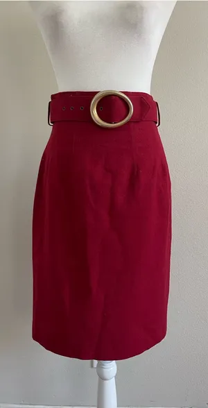 Ann Taylor Burgundy Wool Pencil Skirt with Round Buckle Belt thumbnail 1