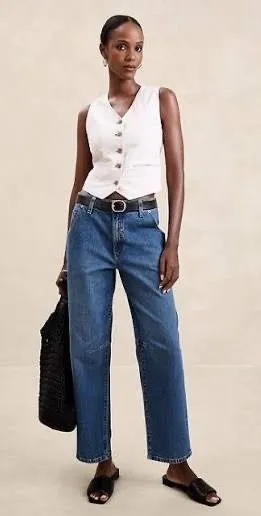 Banana Republic Mid-Rise Barrel Jean Medium‎ Wash Blue Denim 27/4 Knee Dart thumbnail 1