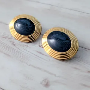 Vintage Clip On Earrings Very Large Dark Blue & Gold Tone Statement Oval 1.5" thumbnail 2