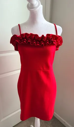 Ruffled Off-Shoulder Red Mini Dress Spaghetti Straps Gathered Trim Size M thumbnail 1