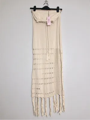 NWT [SET] Micas Knit Fringe Maxi Skirt M Beige Tassel Sheer Slit Bandeau Top thumbnail 4