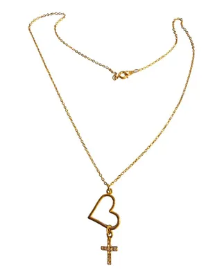 Gold Tone Heart Cross Pendant Necklace Clear Rhinestones Dangle Dainty 18" NWOT thumbnail 4