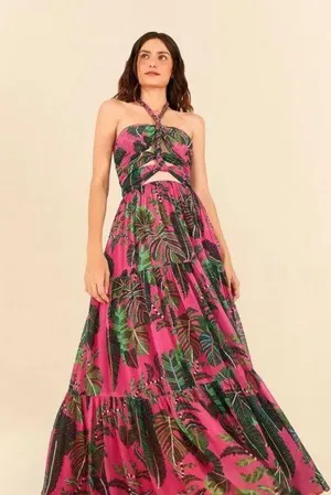 Farm Rio pink leaves maxi dress small thumbnail 1