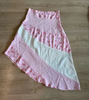 Asymmetrical pink floral patchwork midi skirt thumbnail 1